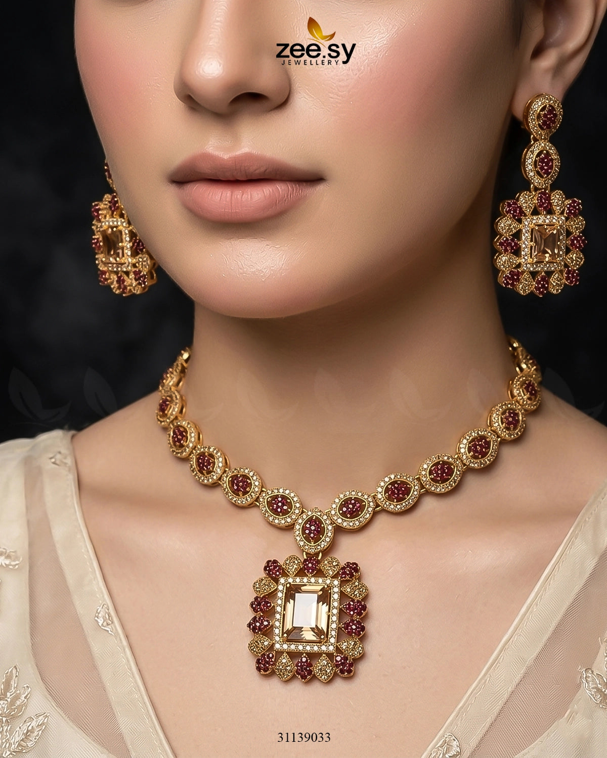 Square Bold Stone Necklace Set Necklace Sets - Zeesy Jewellery Pakistan | Premium Artificial & Imitation Jewellery