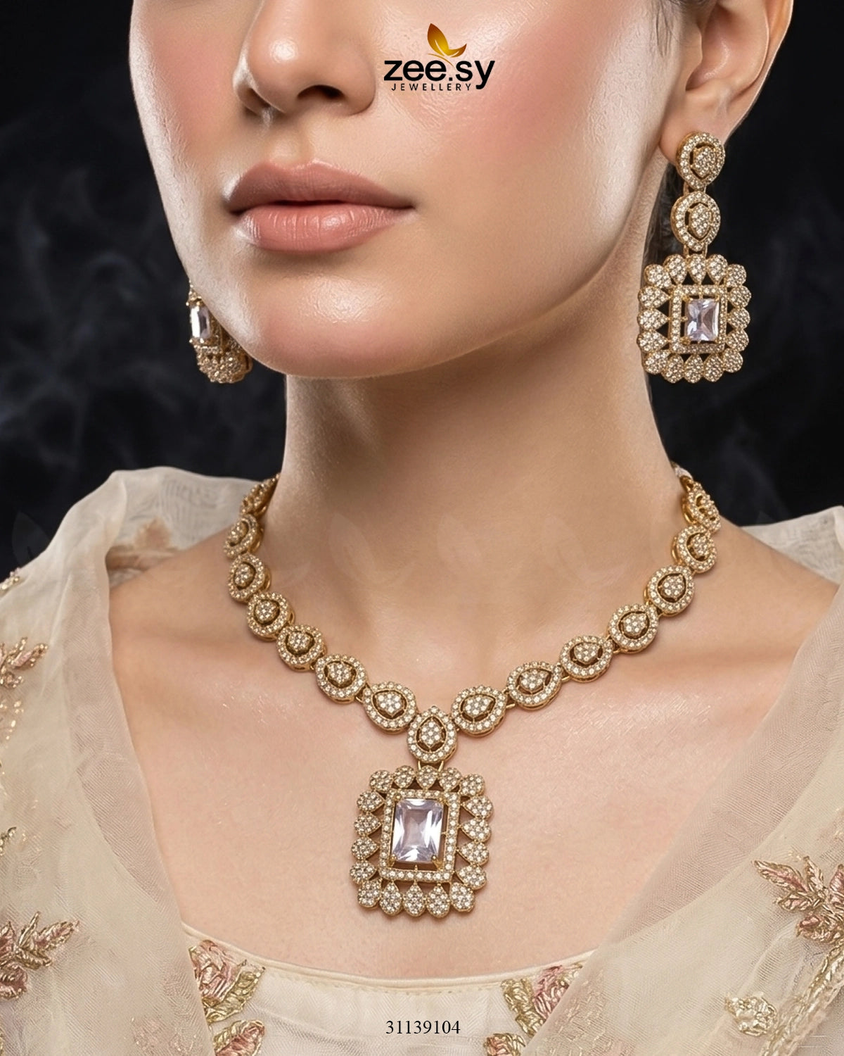 Square Bold Stone Necklace Set Golden White Necklace Sets - Zeesy Jewellery Pakistan | Premium Artificial & Imitation Jewellery