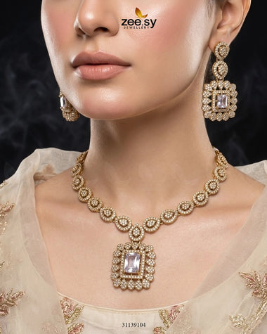 Square Bold Stone Necklace Set Golden White Necklace Sets - Zeesy Jewellery Pakistan | Premium Artificial & Imitation Jewellery