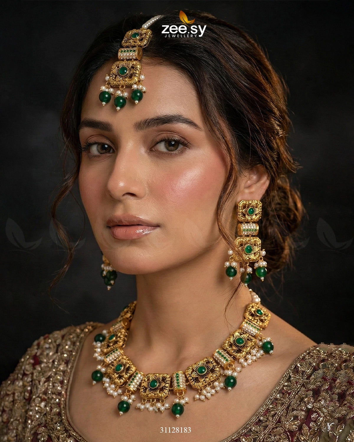 Square Floral Pearl Necklace Set Golden Green - Zeesy Jewellery