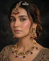 Square Floral Pearl Necklace Set Golden Red - Zeesy Jewellery