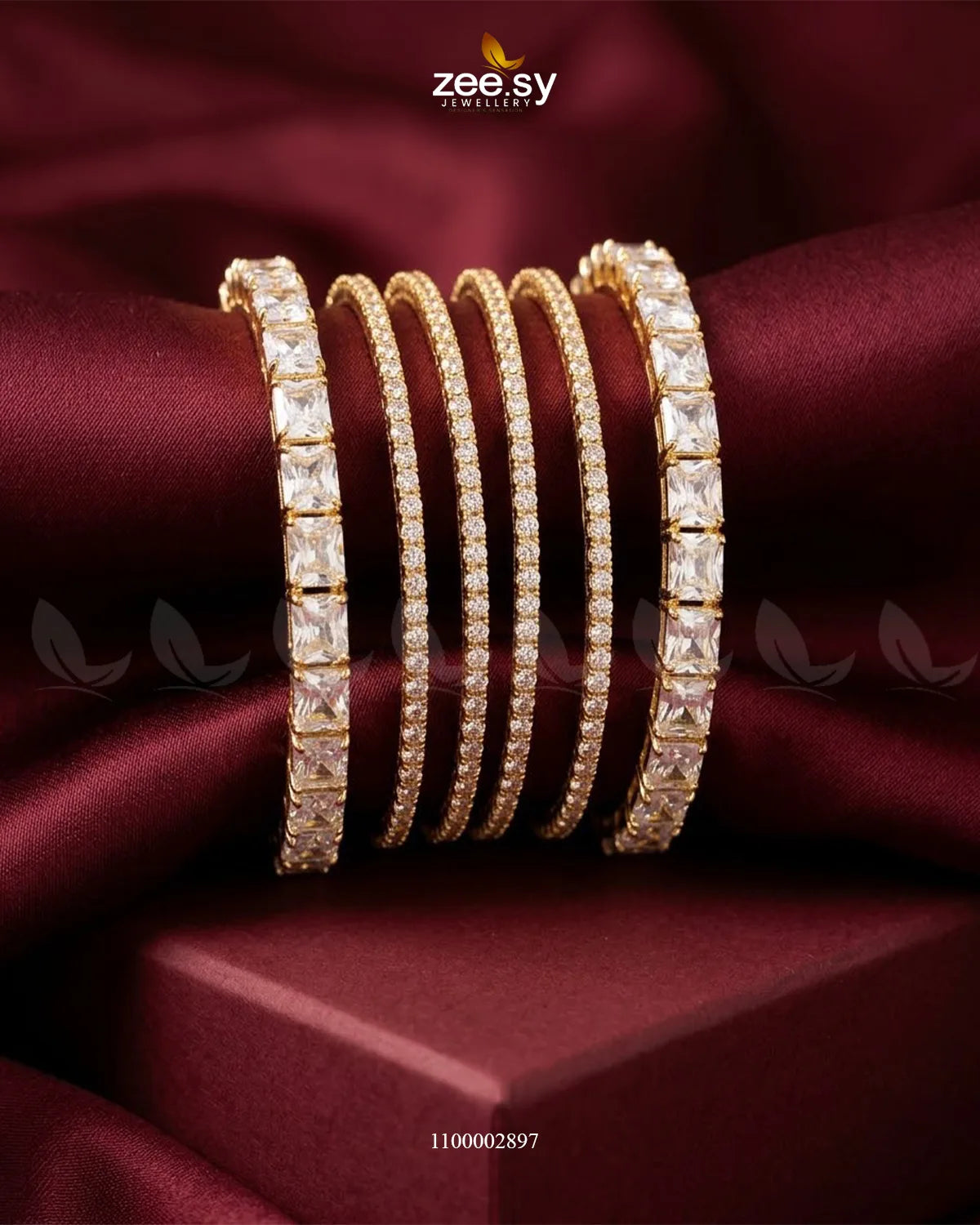 Square Gemstone Paved Bangles Golden White Bangles - Zeesy Jewellery Pakistan | Premium Artificial & Imitation Jewellery
