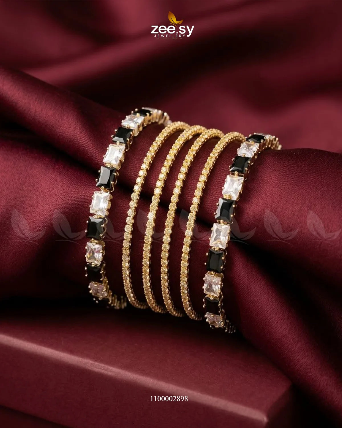 Square Gemstone Paved Bangles Golden Black Bangles - Zeesy Jewellery Pakistan | Premium Artificial & Imitation Jewellery