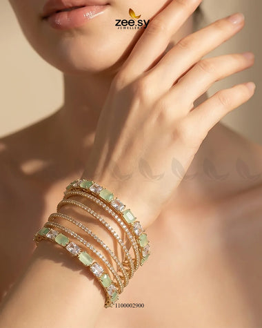 Square Gemstone Paved Bangles Golden Mint Green Bangles - Zeesy Jewellery Pakistan | Premium Artificial & Imitation Jewellery