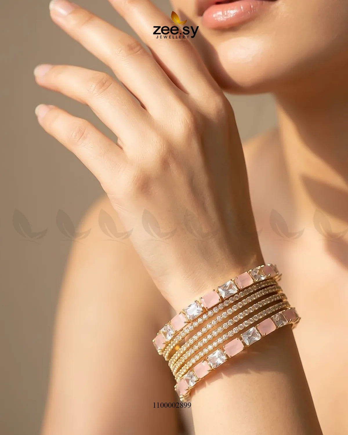 Square Gemstone Paved Bangles Golden Mint Pink Bangles - Zeesy Jewellery Pakistan | Premium Artificial & Imitation Jewellery