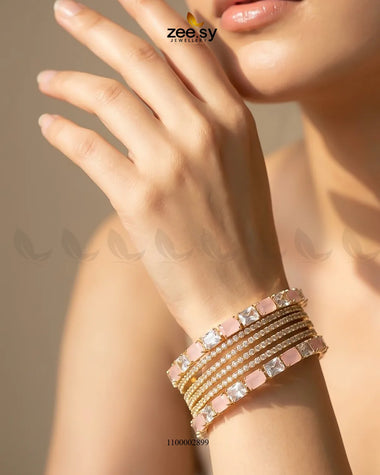 Square Gemstone Paved Bangles Golden Mint Pink Bangles - Zeesy Jewellery Pakistan | Premium Artificial & Imitation Jewellery