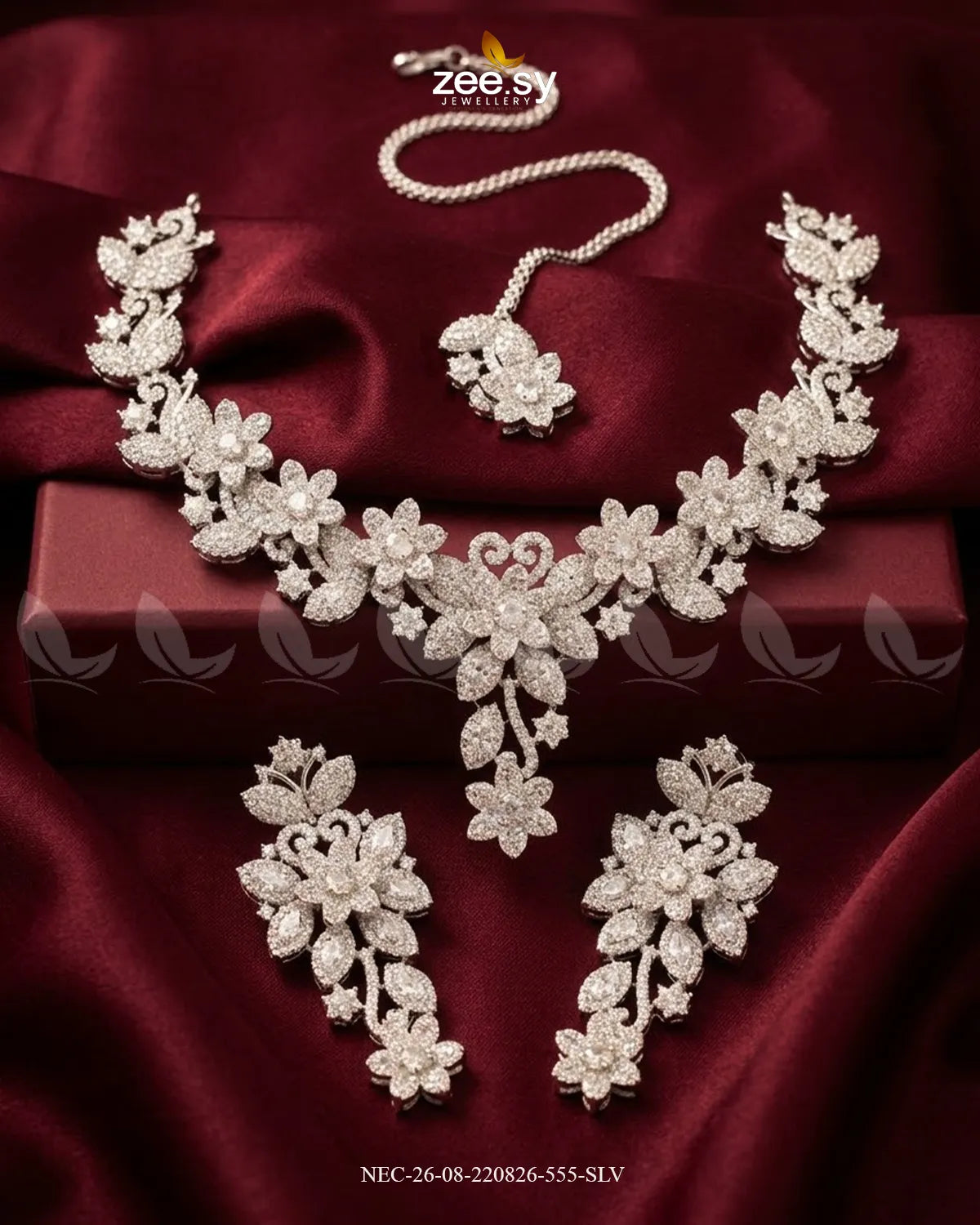 Starlight Floral Pave Necklace Set Silver Necklace Sets - Zeesy Jewellery Pakistan | Premium Artificial & Imitation Jewellery