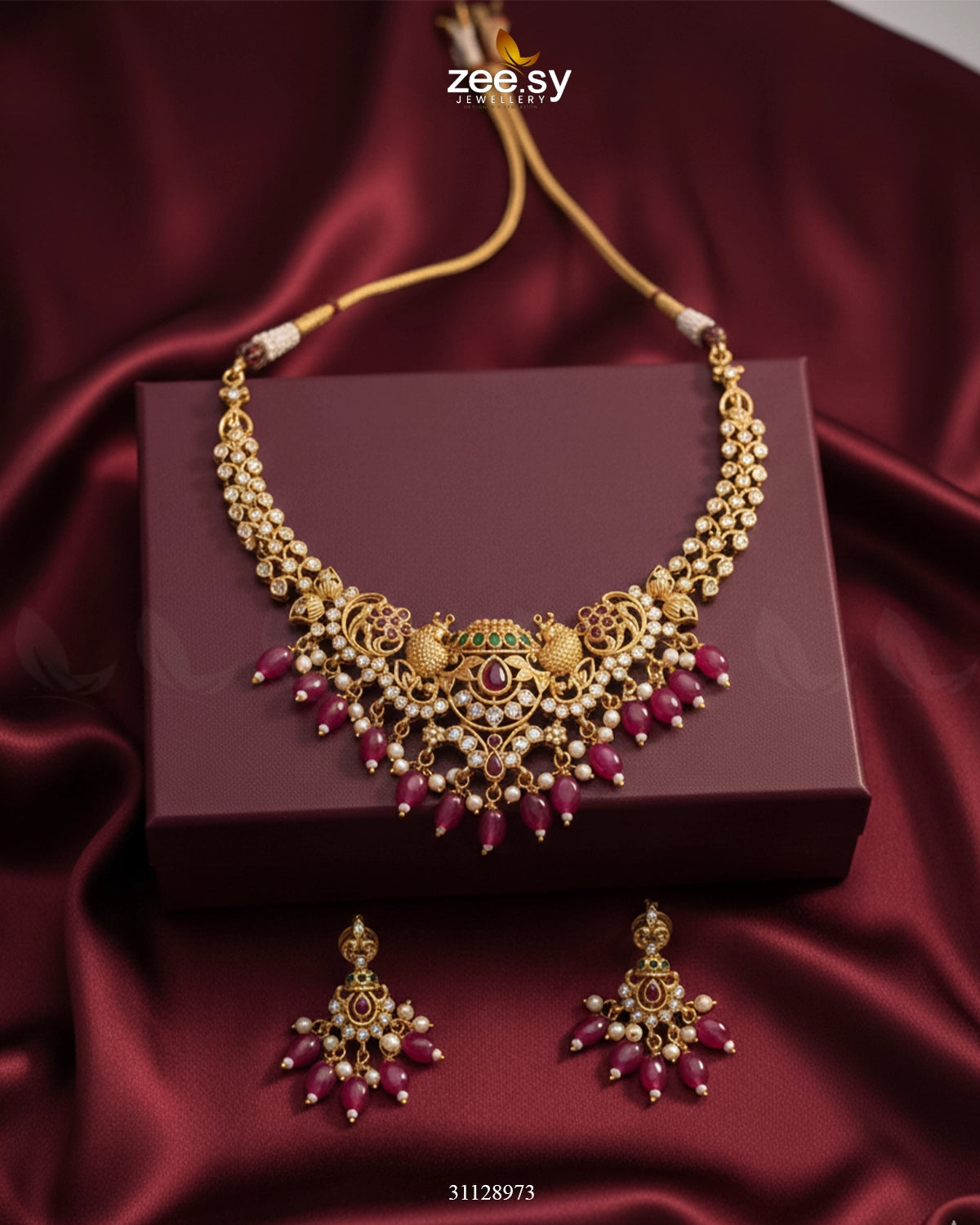 Sublime Bold Beads Necklace Set Golden Ruby - Zeesy Jewellery