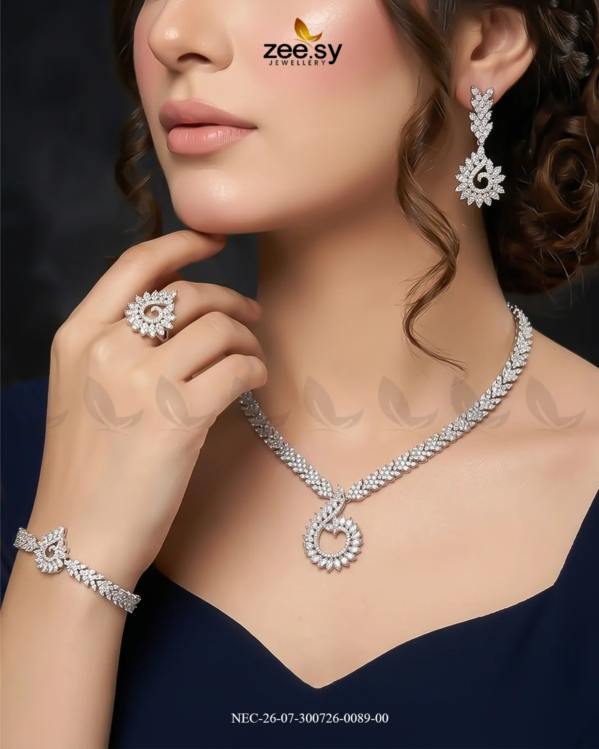 Swirling Leaf AD Necklace Set Necklace Sets - Zeesy Jewellery Pakistan | Premium Artificial & Imitation Jewellery