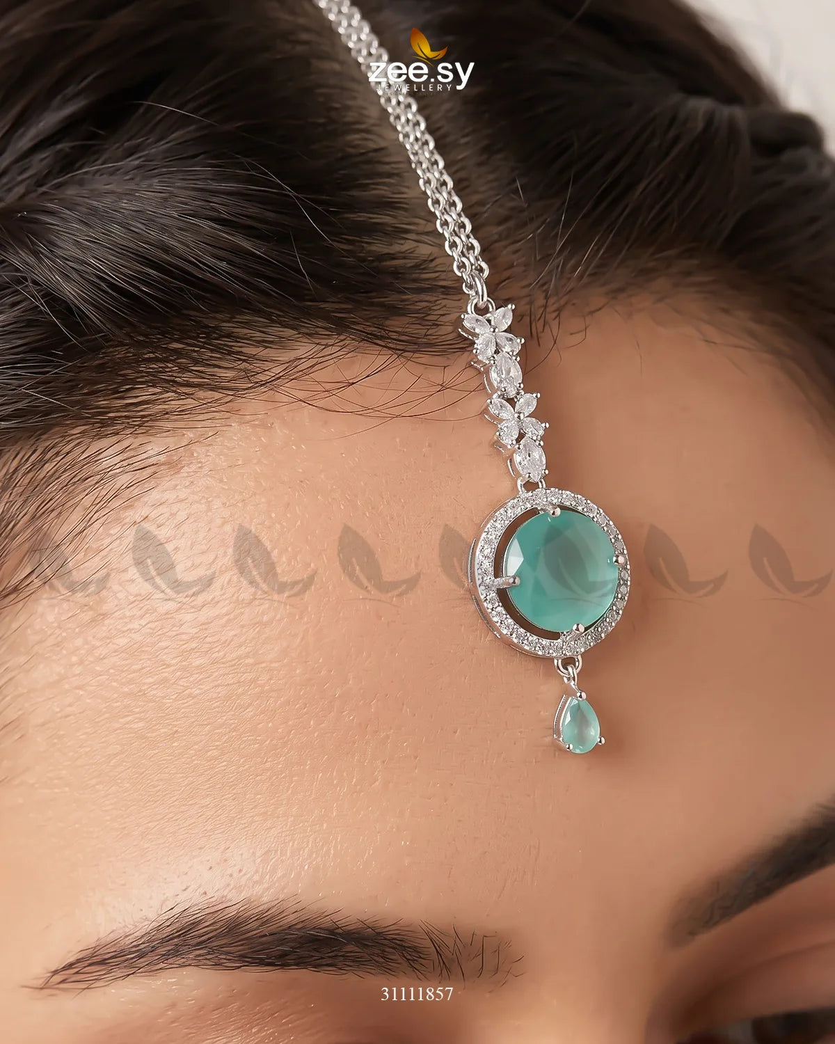 Mint green Talia Bindiya by RHS09 featuring intricate design, perfect for traditional or festive Indian attire.