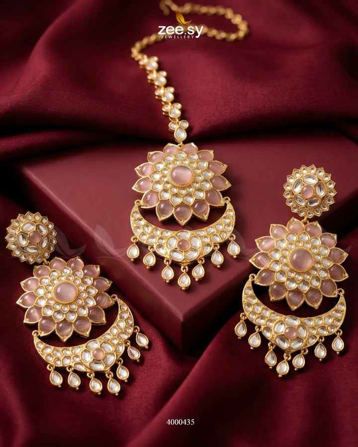 Tara Scalloped Kundan Bindiya Earrings Golden Mint Pink Earrings - Zeesy Jewellery Pakistan | Premium Artificial & Imitation Jewellery