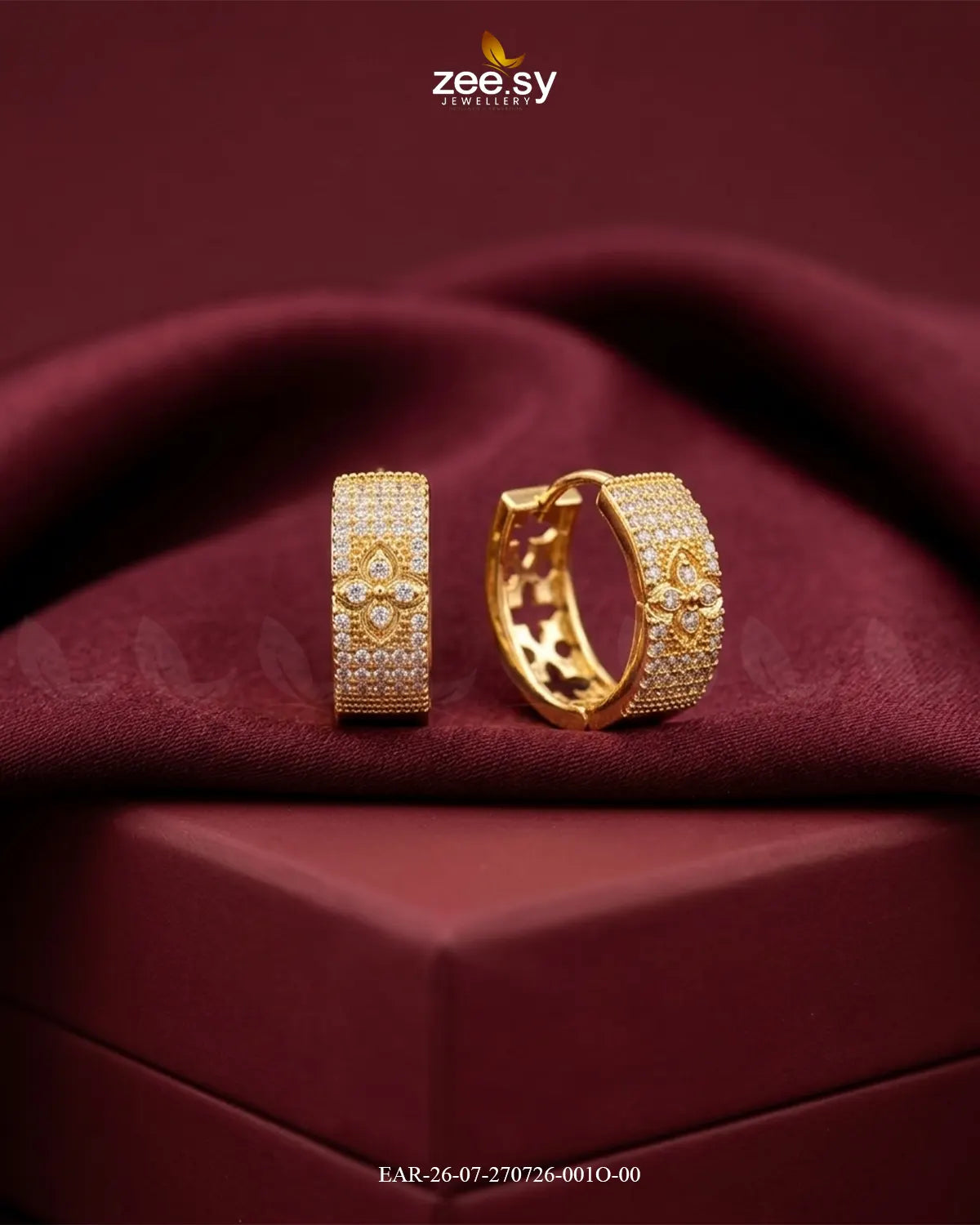 Textured Rhinestone Floral Hoop Earrings Golden Earrings - Zeesy Jewellery Pakistan | Premium Artificial & Imitation Jewellery