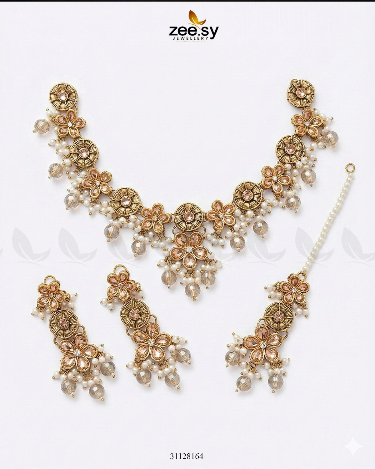 Tulshi Antique Pearl Necklace Set Golden Champagne - Zeesy Jewellery
