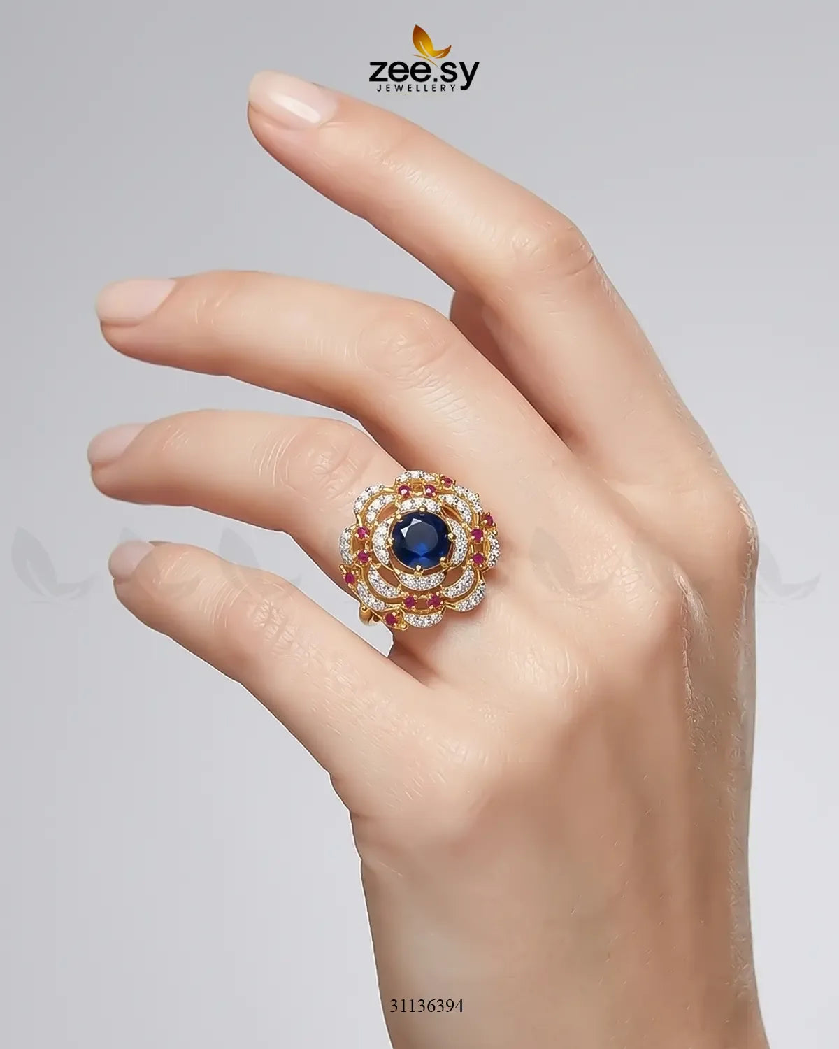 Velora Circle Bold Stone Ring Golden Ruby & Blue Finger Ring - Zeesy Jewellery Pakistan | Premium Artificial & Imitation Jewellery