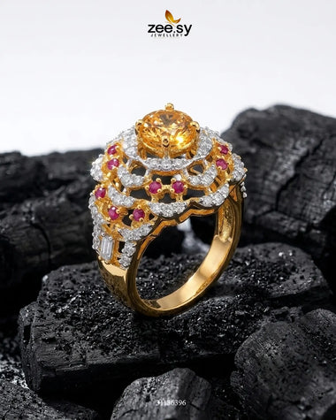 Velora Circle Bold Stone Ring Golden Ruby & Champagne Finger Ring - Zeesy Jewellery Pakistan | Premium Artificial & Imitation Jewellery