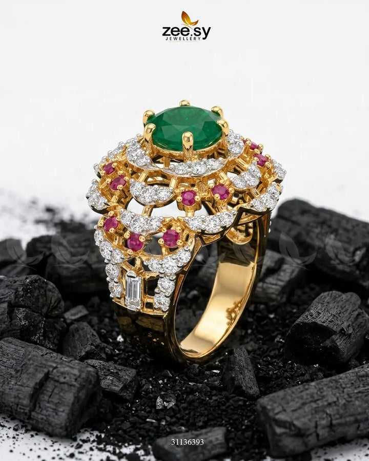 Velora Circle Bold Stone Ring Golden Ruby & Green Finger Ring - Zeesy Jewellery Pakistan | Premium Artificial & Imitation Jewellery