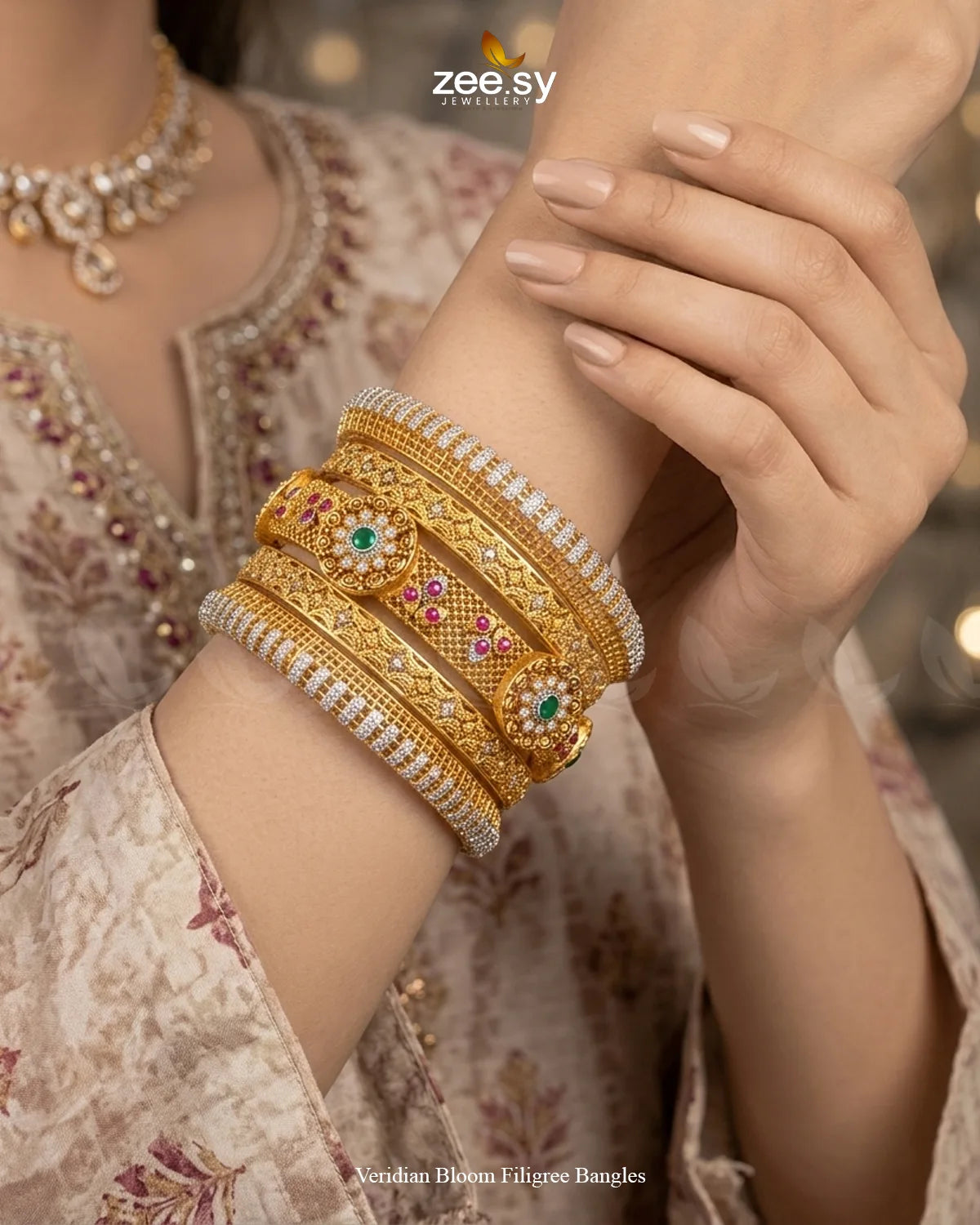 Veridian Bloom Filigree Bangles BANGLES - Zeesy Jewellery Pakistan | Premium Artificial & Imitation Jewellery