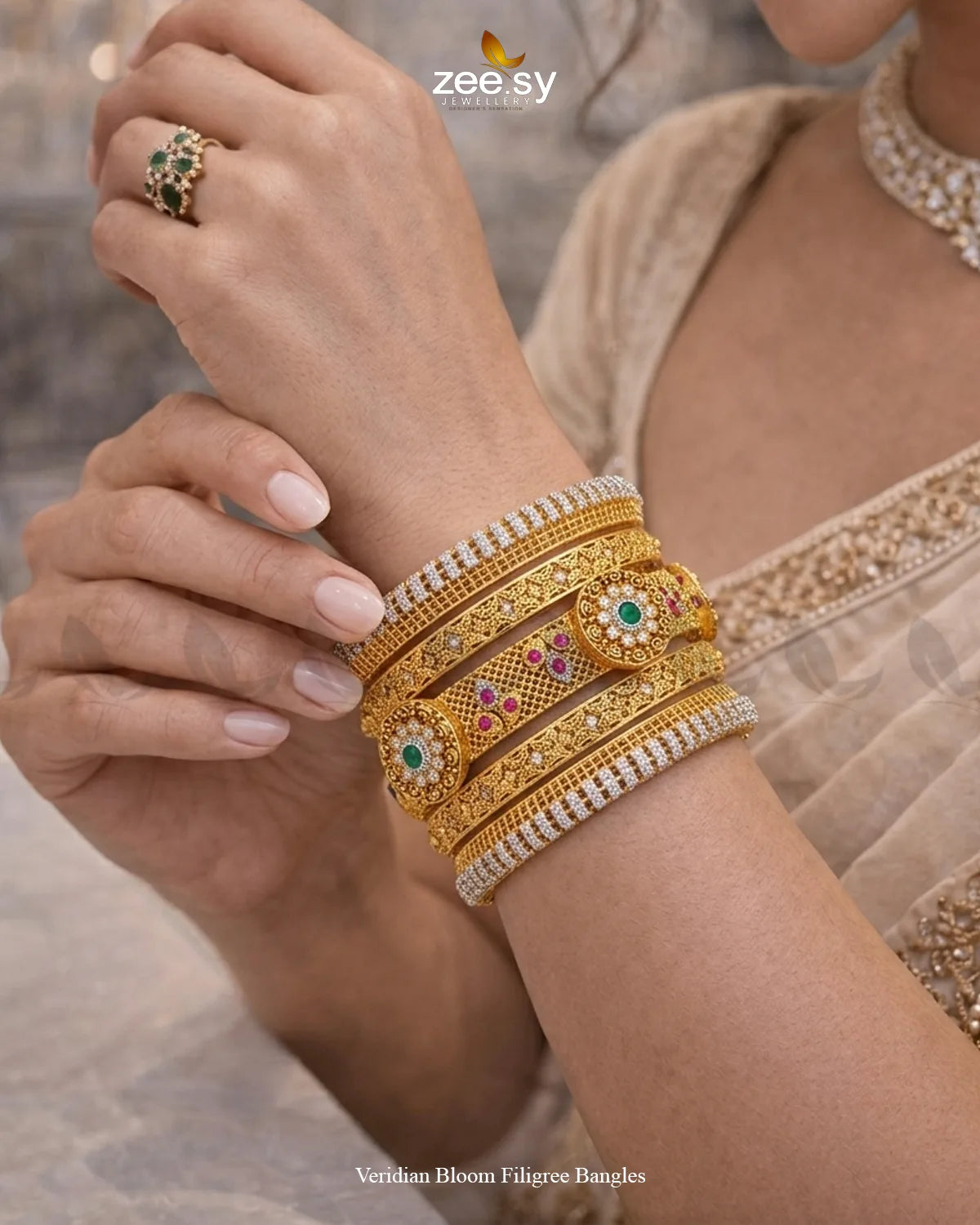 Veridian Bloom Filigree Bangles BANGLES - Zeesy Jewellery Pakistan | Premium Artificial & Imitation Jewellery