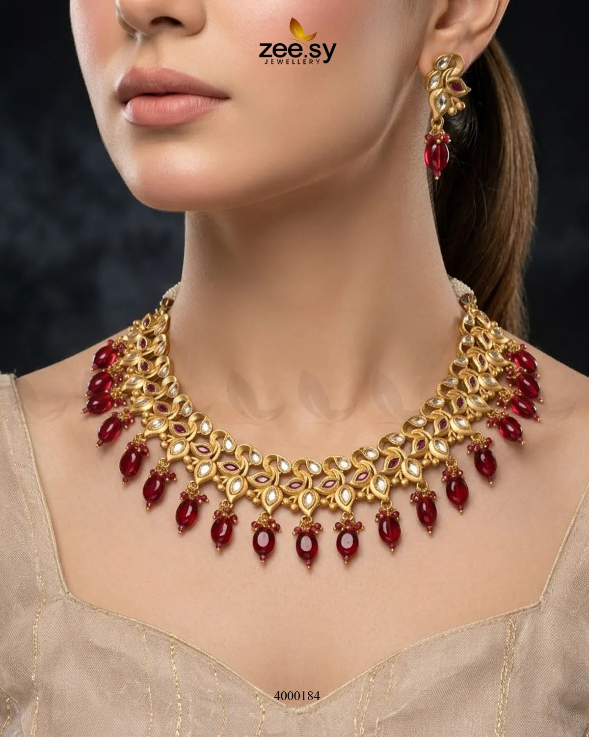 RHS09 vermilion pearl drop necklace set in red, featuring a delicate necklace and matching earrings