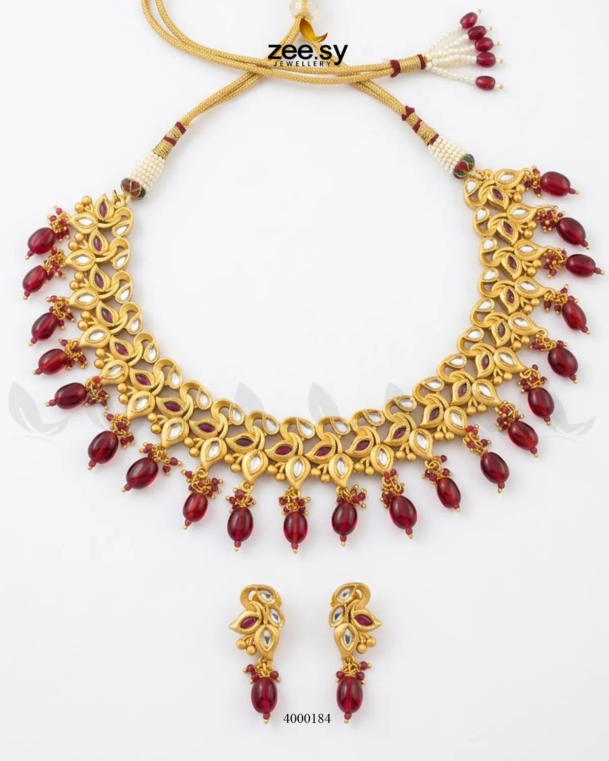 RHS09 vermilion pearl drop necklace set with red beaded necklace and matching earrings