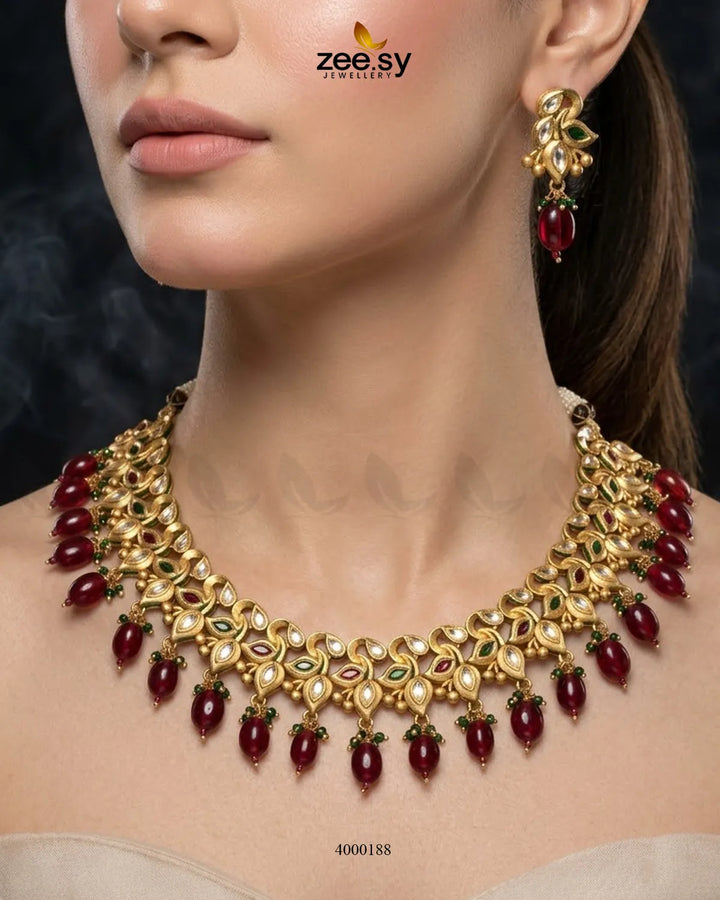 RHS09 vermilion pearl drop necklace set with red and green accents
