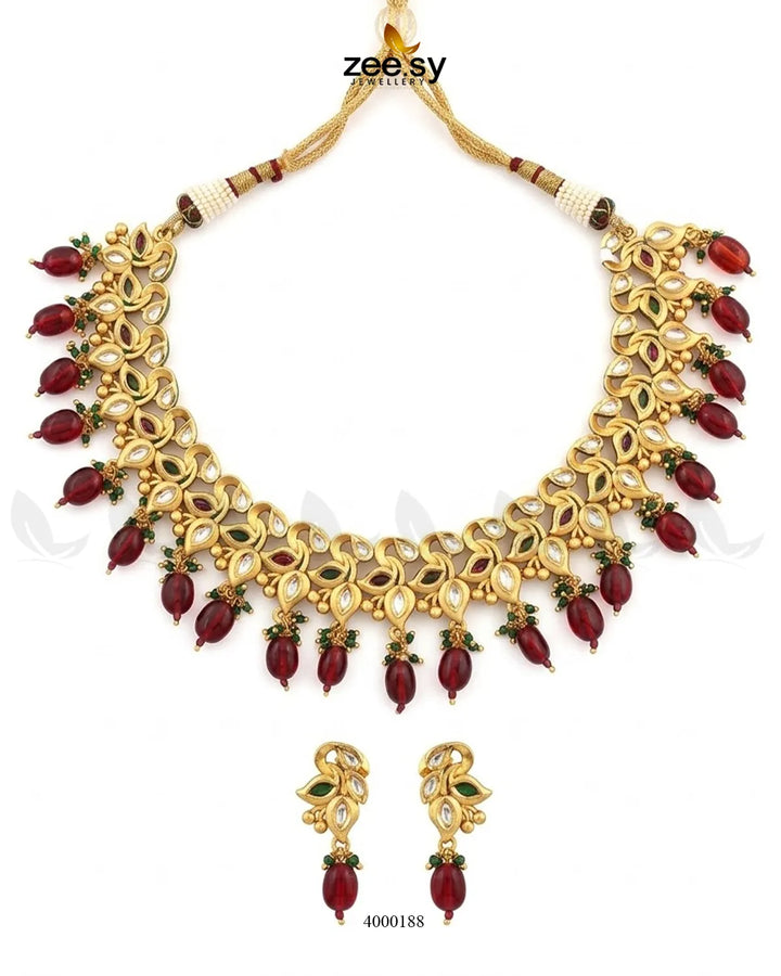 RHS09 Vermilion Pearl Drop Necklace Set with red pearl drop necklace and matching jewelry pieces