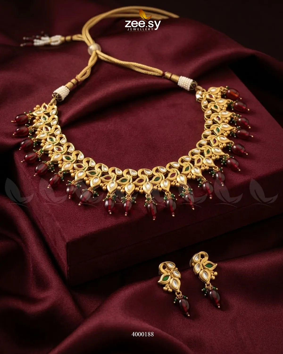 RHS09 Vermilion Pearl Drop Necklace Set in red with elegant pearl drop detailing