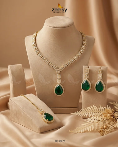 Victorian Bold Gemstone Necklace Set Golden Teal Necklace Sets - Zeesy Jewellery Pakistan | Premium Artificial & Imitation Jewellery