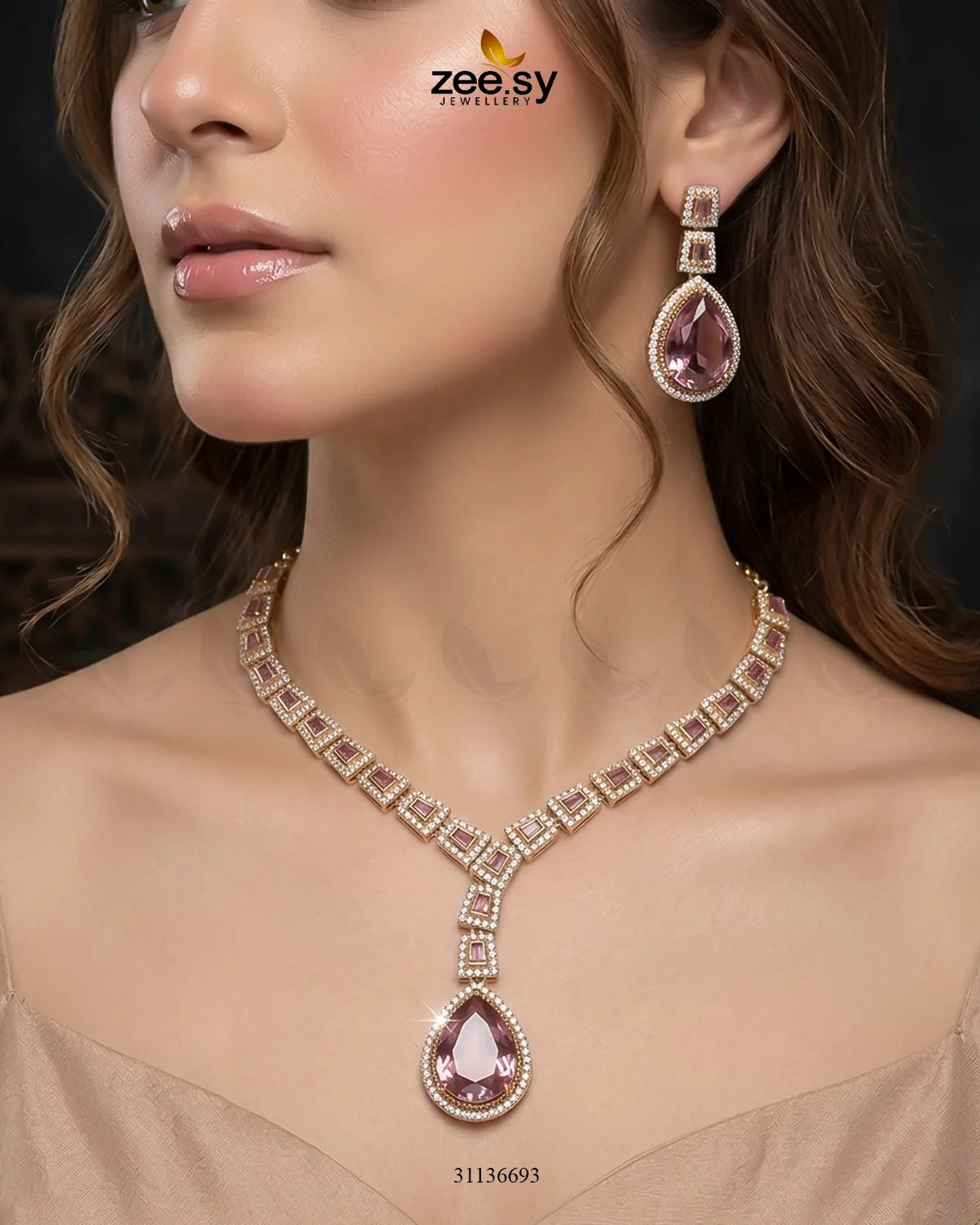 Victorian Bold Gemstone Necklace Set Golden Mint Pink Necklace Sets - Zeesy Jewellery Pakistan | Premium Artificial & Imitation Jewellery