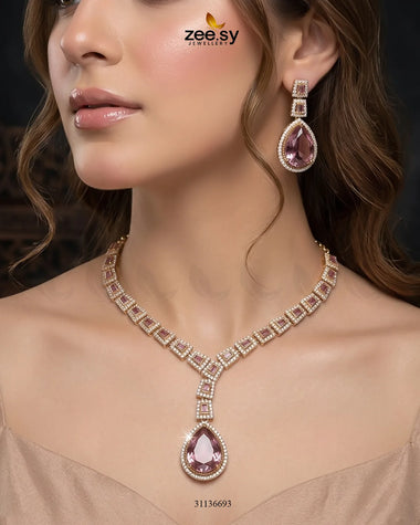 Victorian Bold Gemstone Necklace Set Golden Mint Pink Necklace Sets - Zeesy Jewellery Pakistan | Premium Artificial & Imitation Jewellery