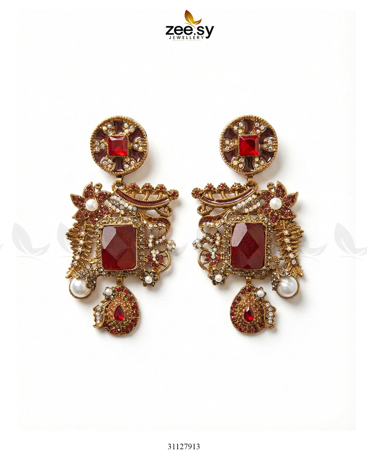 Victorian Faux Pearl Earrings Red - Zeesy Jewellery