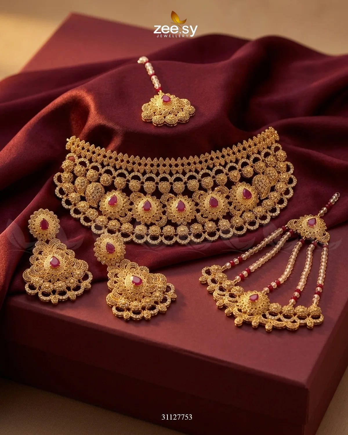 Victorian Rose Ruby Bridal Set Bridal Set - Zeesy Jewellery Pakistan | Premium Artificial & Imitation Jewellery