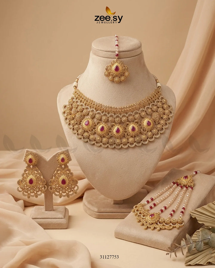Victorian Rose Ruby Bridal Set Bridal Set - Zeesy Jewellery Pakistan | Premium Artificial & Imitation Jewellery