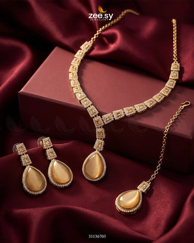 Victorian Bold Gemstone Necklace Set Golden Champagne Necklace Sets - Zeesy Jewellery Pakistan | Premium Artificial & Imitation Jewellery