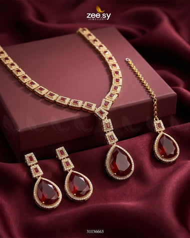 Victorian Bold Gemstone Necklace Set Golden Red Necklace Sets - Zeesy Jewellery Pakistan | Premium Artificial & Imitation Jewellery