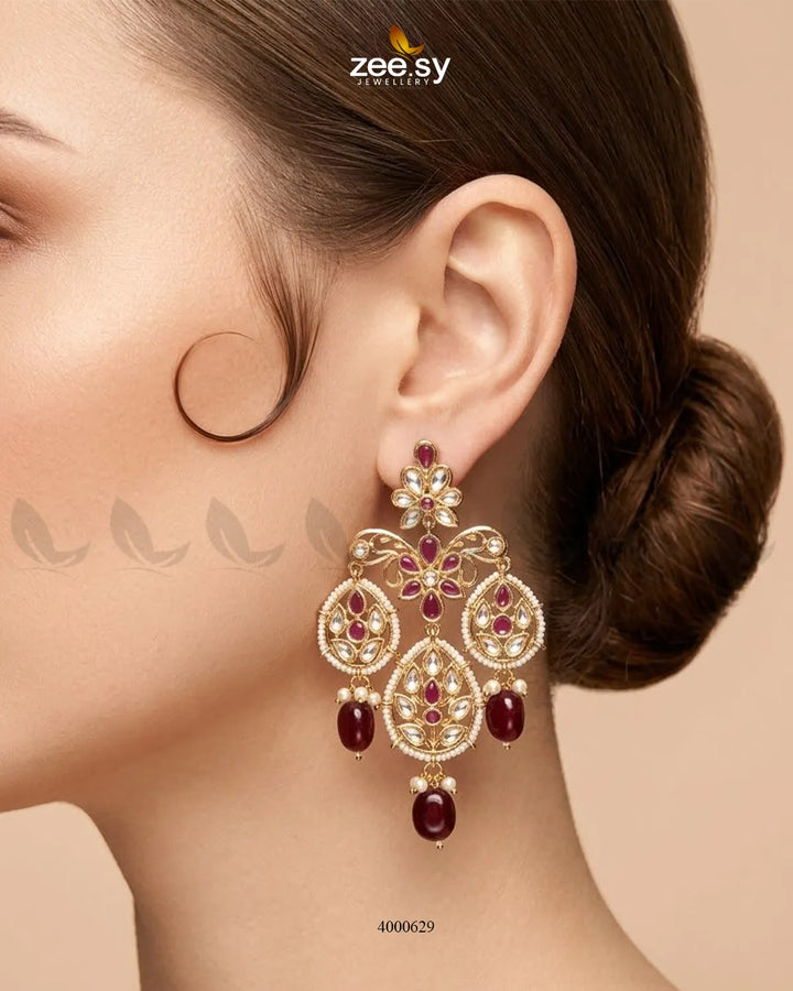 RHS09 vintage beaded Kundan earrings in red with intricate traditional detailing