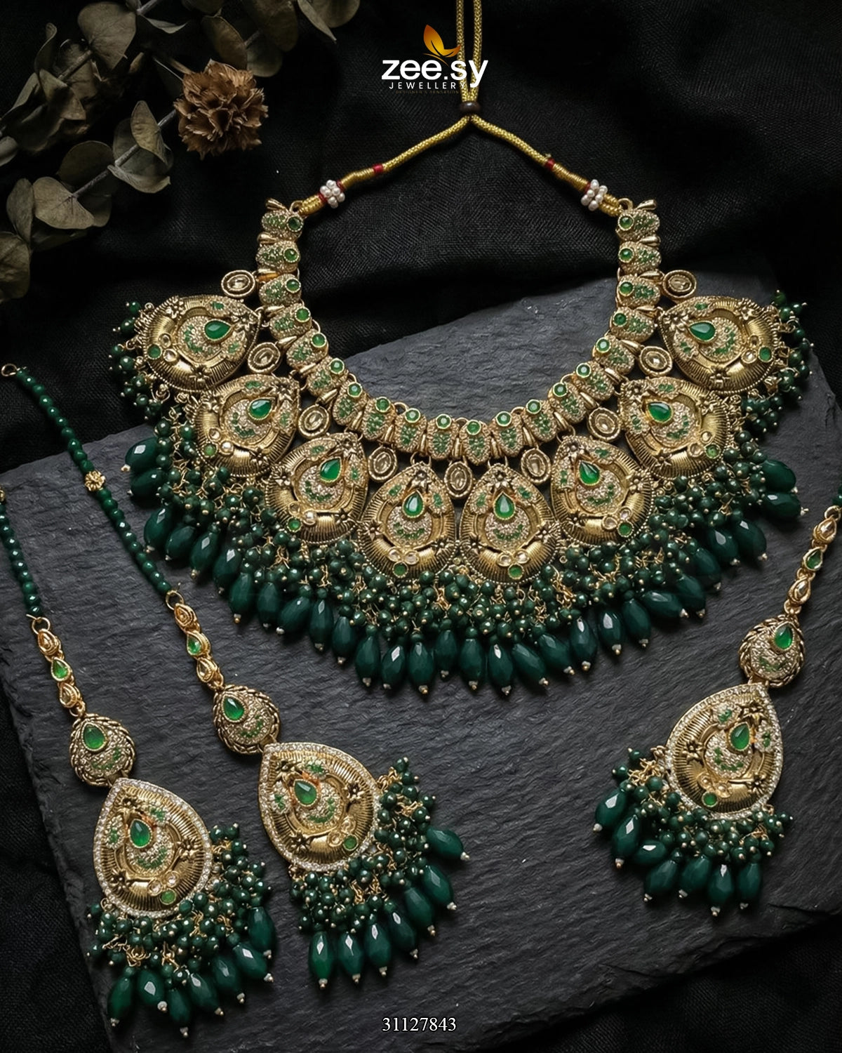 Vintage Amber Zircon Bridal Set Golden Green - Zeesy Jewellery