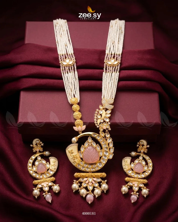 Wisteria Enamel Pearl Mall Set Golden Mint Pink Malla Necklace - Zeesy Jewellery Pakistan | Premium Artificial & Imitation Jewellery