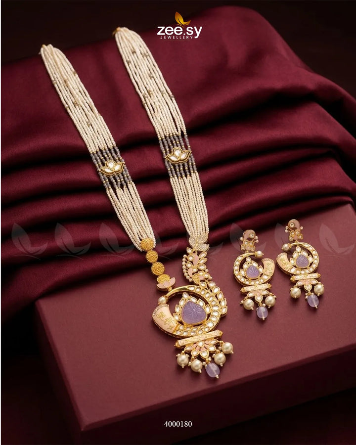 Wisteria Enamel Pearl Mall Set Golden Purple Malla Necklace - Zeesy Jewellery Pakistan | Premium Artificial & Imitation Jewellery