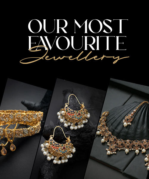 Best-selling women’s jewelry collection featuring gold necklaces and earrings displayed on black background