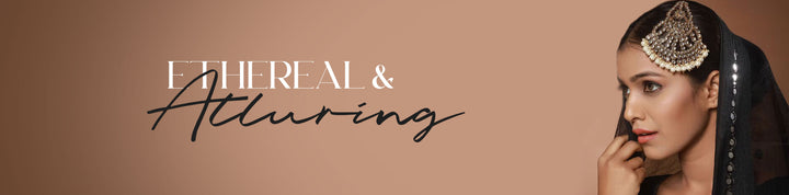 Luxury bridal jewelry banner featuring elegant headpiece and necklace worn by model on soft neutral background