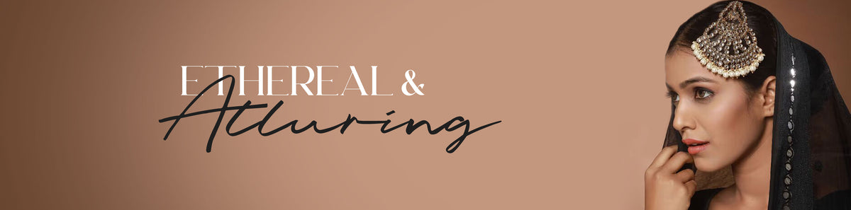 Luxury bridal jewelry banner featuring elegant headpiece and necklace worn by model on soft neutral background