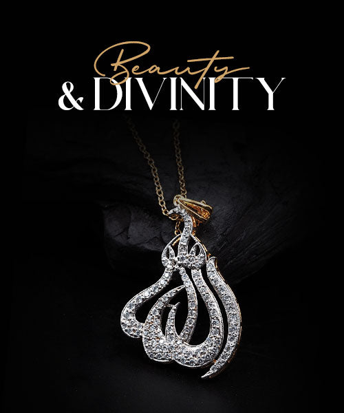 Luxury diamond pendant necklace with elegant curved design and ‘Beauty & Divinity’ branding on black background