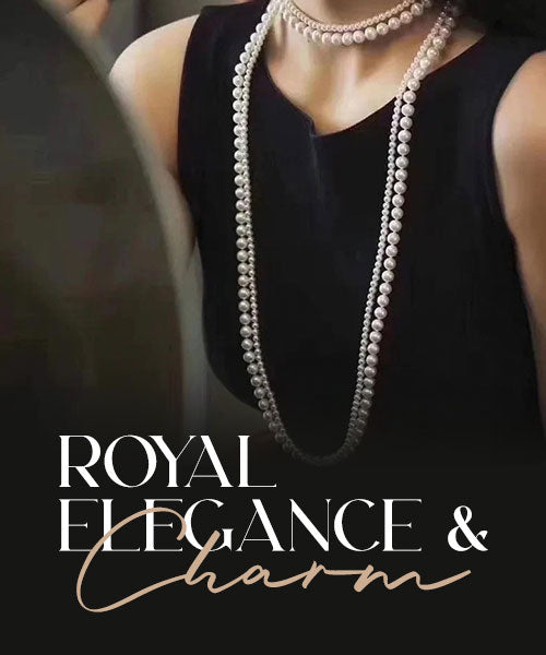 Elegant long pearl necklace worn by woman, luxury women’s jewelry styled for a royal look