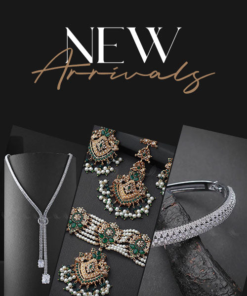 New arrivals women’s jewelry collection featuring elegant necklaces and earrings displayed on dark background