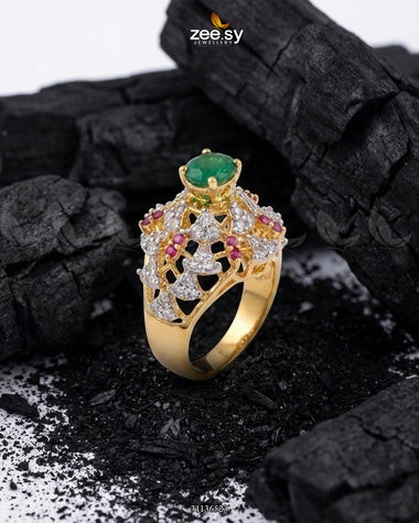 Zelora Stone Cluster Ring Golden Ruby & Green Finger Ring - Zeesy Jewellery Pakistan | Premium Artificial & Imitation Jewellery