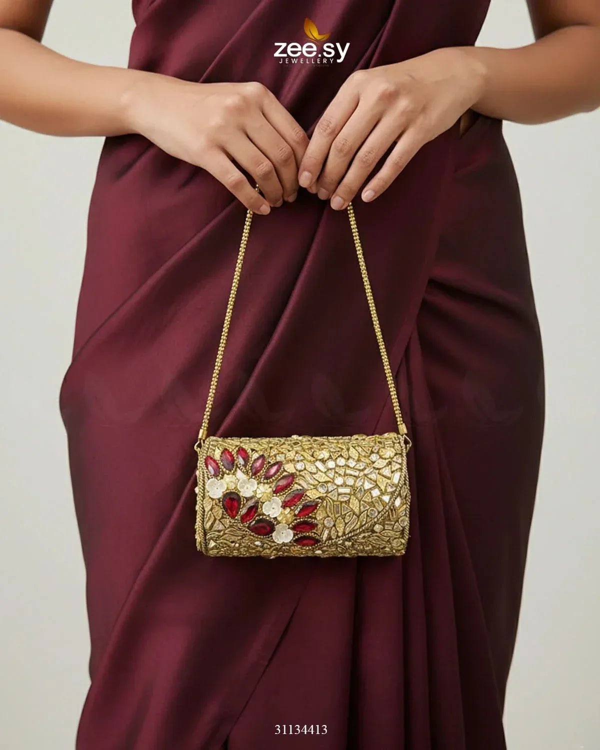 Midnight Reddish Kundan Clutch Bag ACCESSORIES - Zeesy Jewellery Pakistan | Premium Artificial & Imitation Jewellery