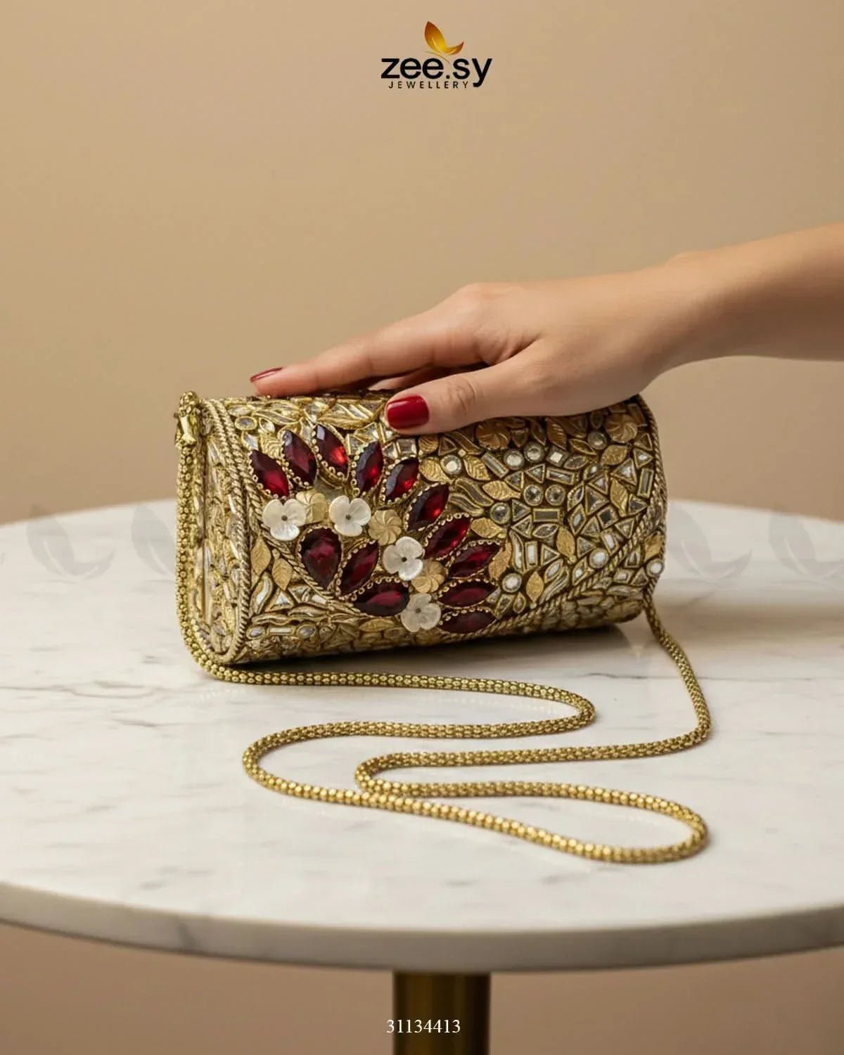 Midnight Reddish Kundan Clutch Bag ACCESSORIES - Zeesy Jewellery Pakistan | Premium Artificial & Imitation Jewellery