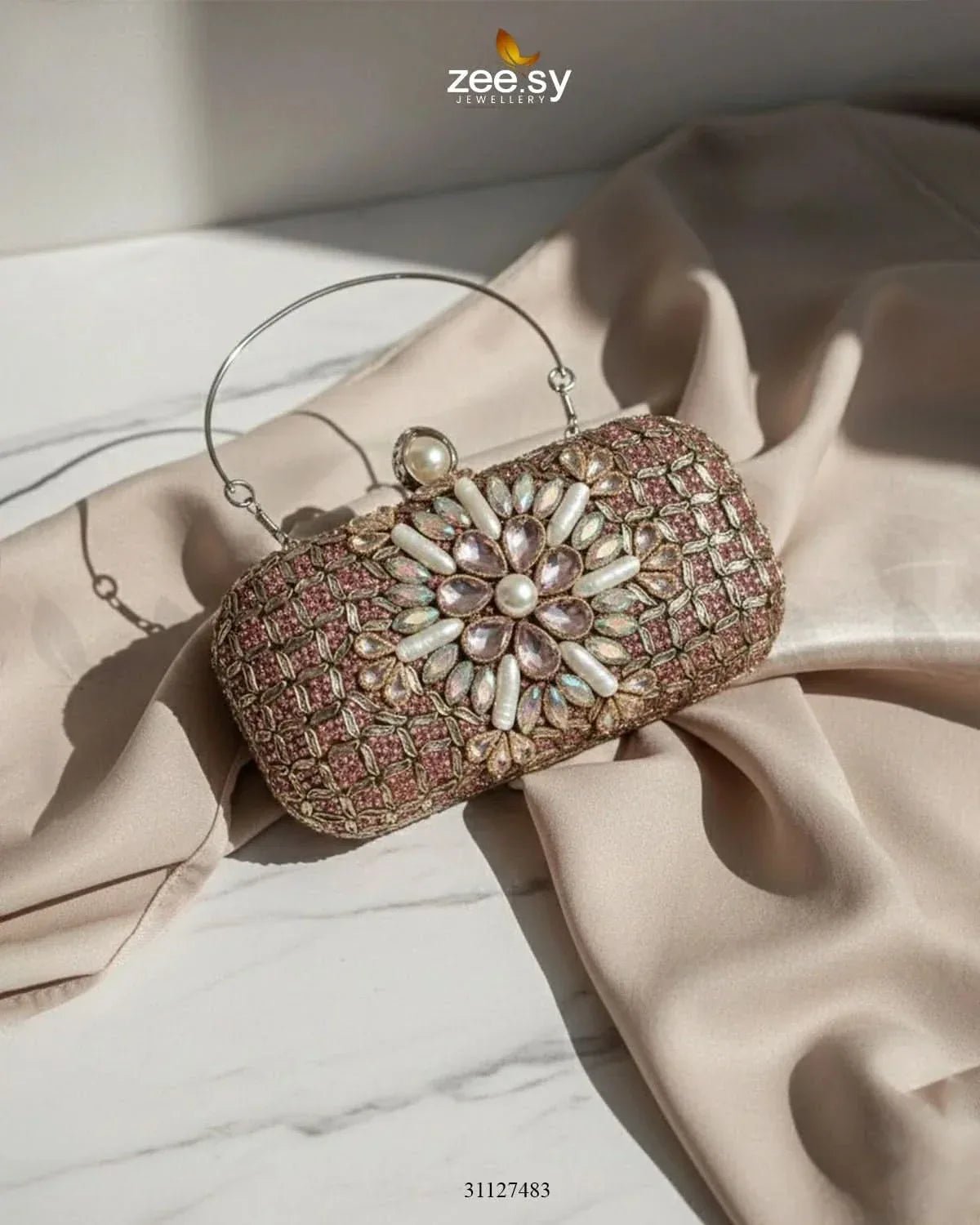 Rose Petal Crystal Clutch Bag ACCESSORIES - Zeesy Jewellery Pakistan | Premium Artificial & Imitation Jewellery