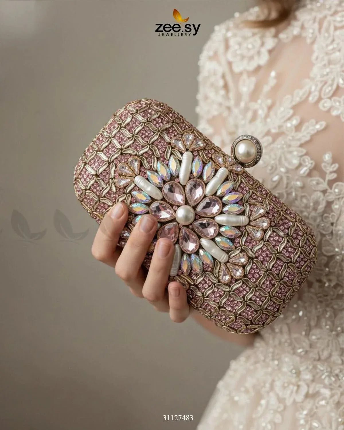Rose Petal Crystal Clutch Bag ACCESSORIES - Zeesy Jewellery Pakistan | Premium Artificial & Imitation Jewellery